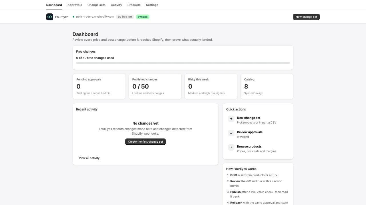 FourEyes dashboard with change sets waiting for approval