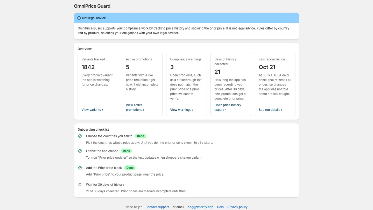 OmniPrice Guard dashboard with promotions and prior prices