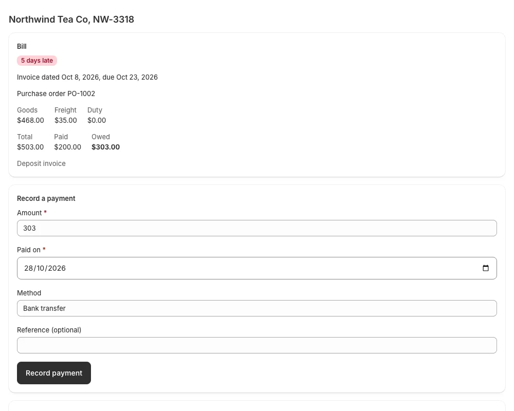 A supplier bill with sample data