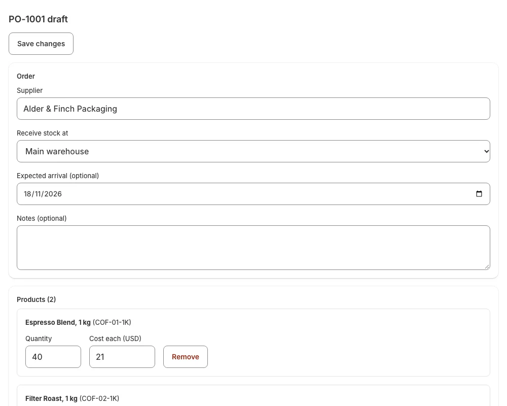 A draft purchase order with sample data