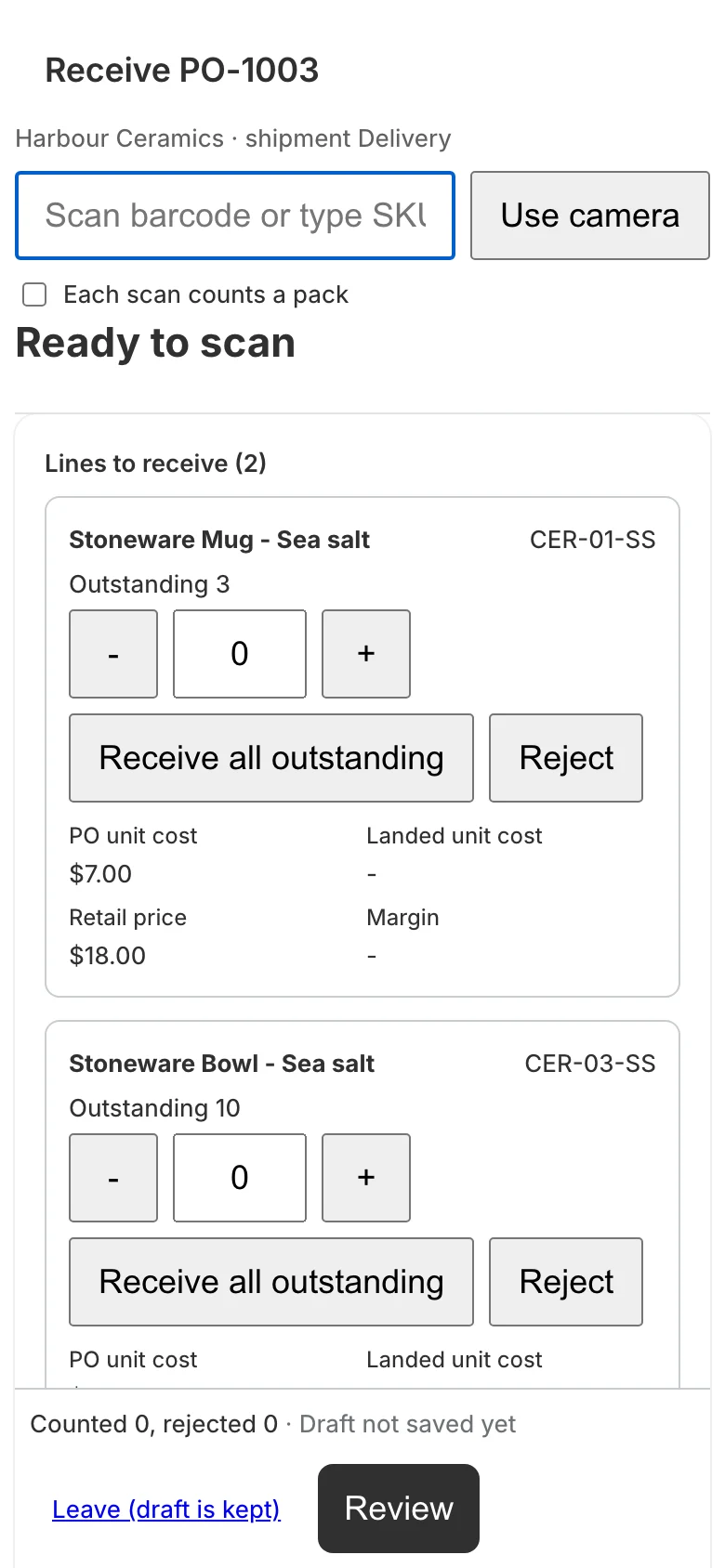 Wharfly receiving screen on a phone with sample data