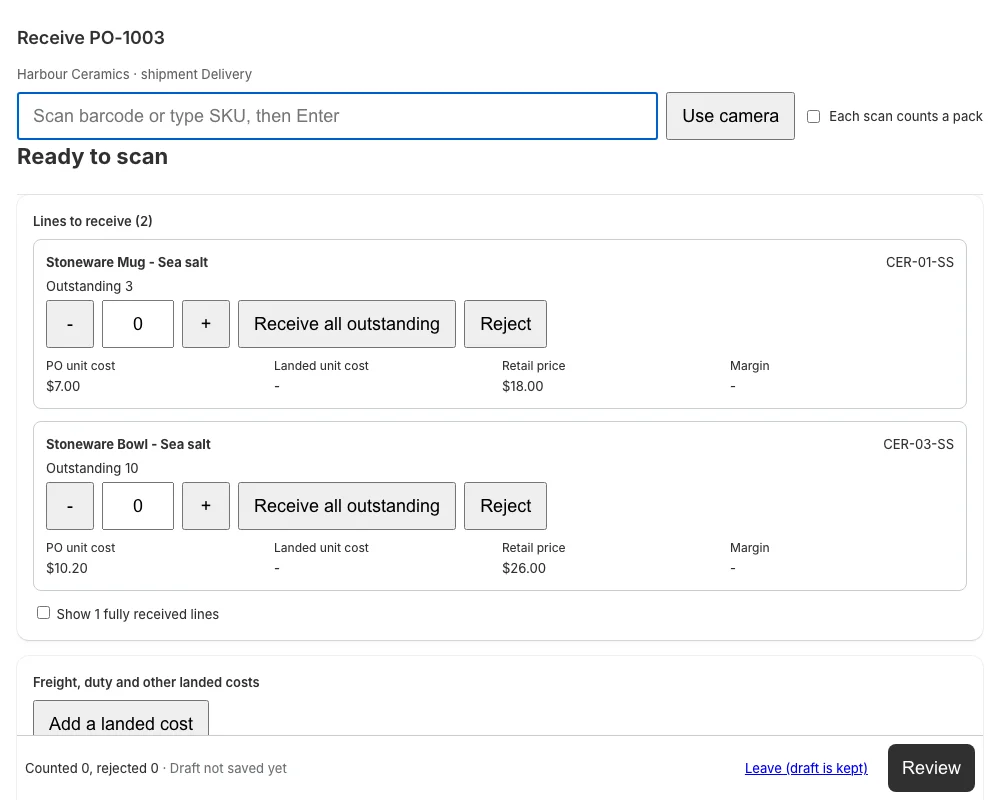 The receiving screen with sample data